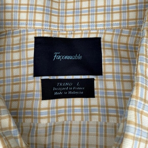 Faconnable Dress Shirt Mens L Blue Tan Checked Long Sleeve Button Up - Picture 3 of 10